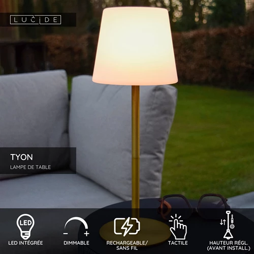 Lucide TYON - Lampe de table Rechargeable Intérieur/Extérieur - Batterie/Piles - Ø 15 cm - LED Dim. - 1x2W 2700K - IP65 - Or Mat / Laiton - USP